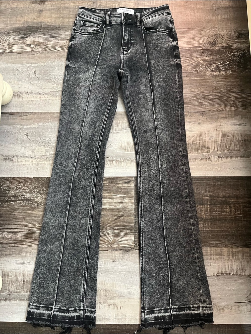 Women’s High rise Black Acid Wash Flare Jeans with Center Seams